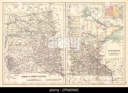 North & South Dakota & Minnesota state maps showing counties. BARTHOLOMEW 1898 Stock Photo