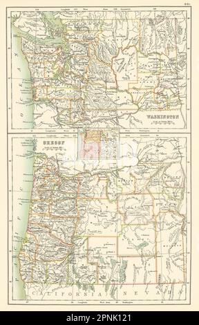 Oregon and Washington state maps showing counties. BARTHOLOMEW 1898 old Stock Photo