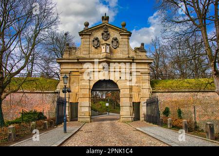 Leopold s Gate in spring day. Vysehrad. Prague. Unesco czech heritage. Stock Photo