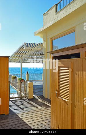 Terrace on the beach of the Ligurian Sea in Monterosso al Mare in Italy Stock Photo