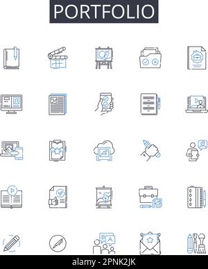 Portfolio line icons collection. Collection, Compilation, Anthology, Assortment, Array, Grouping, Stockpile vector and linear illustration. Depiction Stock Vector