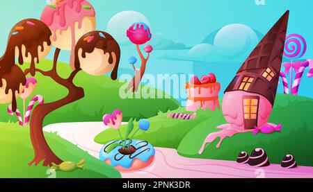Candy caramel land landscape cartoon background with chocolate sweets lollipops donuts vector illustration Stock Vector