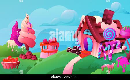 Cartoon fantasy candy land landscape background with sweet house and trees vector illustration Stock Vector