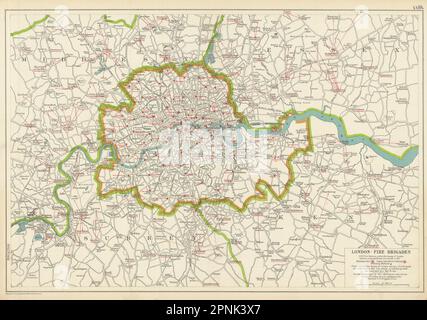 LONDON FIRE BRIGADE. Showing Fire Brigade Stations. Vintage map. BACON 1913 Stock Photo