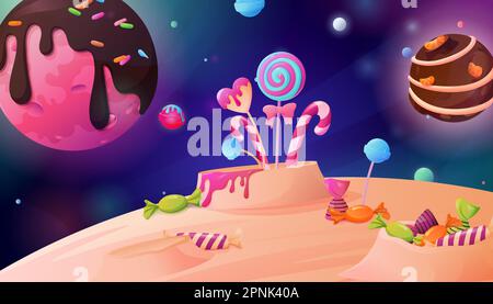 Candy moon solar system landscape background with chocolate planets and lollipops in lunar crater cartoon vector illustration Stock Vector
