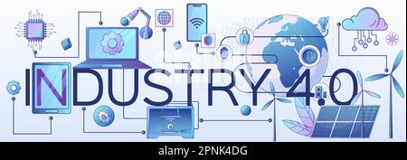 Industry 4.0 smart technology cloud computing internet of things cyber security automated production big data horizontal flat banner vector illustrati Stock Vector