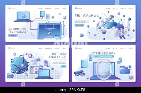 Smart industry 4.0 3d printing technology metaverse big data analytics cyber security flat website banners set isolated vector illustration Stock Vector