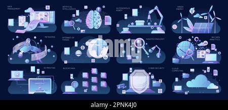 Flat smart industry 4.0 set on dark background with iot nanotechnology cyber security metaverse green energy isolated vector illustration Stock Vector