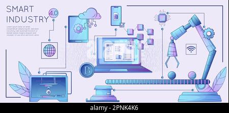 Smart industry 4.0 innovative technologies flat horizontal poster with blockchain robotic manufacturing 3d printing cloud computing vector illustratio Stock Vector