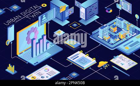 Urban digital twin technology process of creating city model isometric background 3d vector illustration Stock Vector