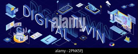Digital twin isometric horizontal banner with 3d models and scanning process on dark background vector illustration Stock Vector
