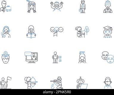 Characters line icons collection. Protagonist, Antagonist, Hero, Villain, Sidekick, Mentor, Love interest vector and linear illustration. Nemesis Stock Vector