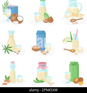 Vegan milk set of flat icons with packages and cups of grain milk on blank background vector illustration Stock Vector