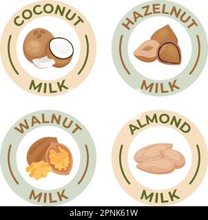 Vegan milk set of round isolated labels with flat icons of nuts coconut and editable text vector illustration Stock Vector