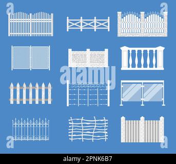 Fences flat set of isolated icons with segments of vintage and modern fencing on blue background vector illustration Stock Vector