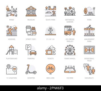 Park flat line icons set. Botanical garden, carousel, ferris wheel, museum excursion, pond, street food, playground, fountain vector illustration Stock Vector