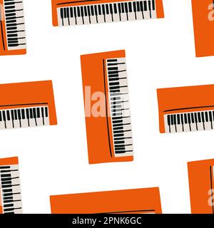 Seamless pattern with illustration of musical instrument synthesizer in cutting style orange on white background Stock Vector