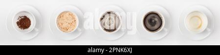 Set of cups of different black coffee isolated on white background, top view. Instant coffee with foam. Stock Photo