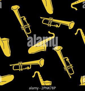 Seamless pattern with illustration of musical instrument trumpet and saxophone in cutting style yellow color on black background Stock Vector