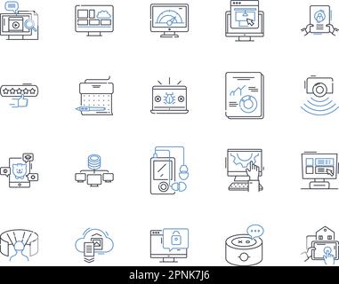 Speech recognition line icons collection. Dictation, Accuracy, Transcription, Voice, Command, Artificial Intelligence, Speaker vector and linear Stock Vector