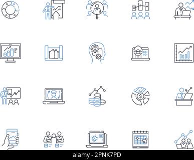 Information management line icons collection. Organization, Classification, Retrieval, Storage, Analysis, Documentation, Indexing vector and linear Stock Vector