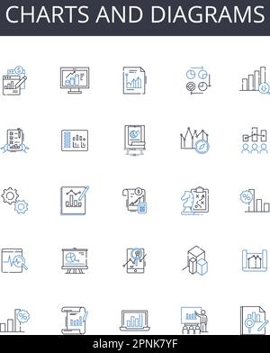 Charts and diagrams line icons collection. Numbers figures, Maps blueprints, Facts statistics, Information data, Numbers digits, Tables grids Stock Vector