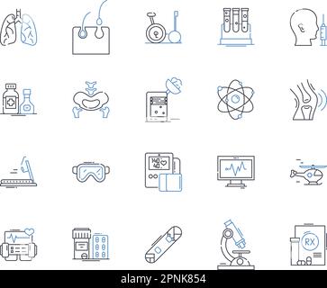 Biomedical engineering line icons collection. Prosthetics, Bioinformatics, Biomechanics, Tissue engineering, Biomaterials, Nanotechnology, Genetic Stock Vector