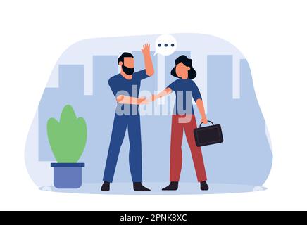 A woman and a man have a business meeting, they shake hands. Business partners discussing a deal at a meeting. Cooperation in business concept vector Stock Vector