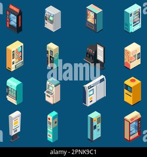 Vending machine isometric set of isolated icons with various models of electronic terminals for different purposes vector illustration Stock Vector