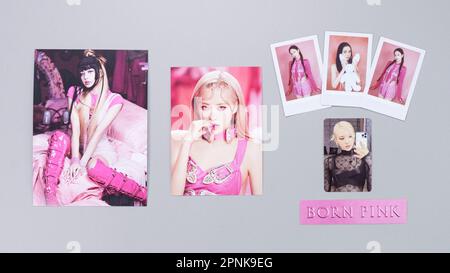 BlackPink BORN PINK 2nd Album Box set with posters cards selfie on grey. Pink CD version. South Korean girl group BlackPink. BlackPink music k-pop. Ga Stock Photo