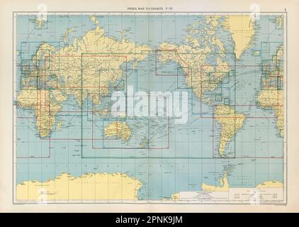 WORLD. Index Map To Charts. Large 50x70cm 1952 old vintage plan Stock Photo
