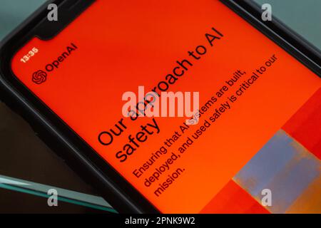 “Our approach to AI safety” article seen in an OpenAI website on an iPhone screen. OpenAI is an US artificial intelligence (AI) research laboratory Stock Photo
