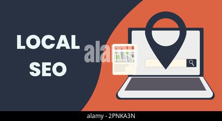 An Illustrative Local SEO banner showcasing a laptop with a search string on screen, accompanied by a location icon and a map illustration Stock Vector