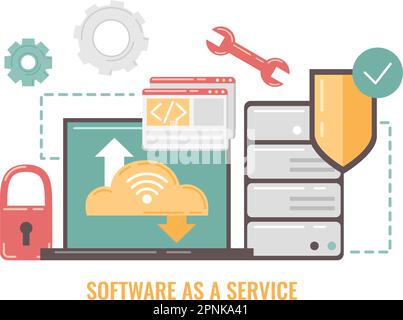 SAAS cartoon concept with software as a service symbols vector illustration Stock Vector