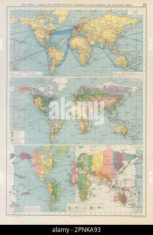 World - Trade & Shipping Routes, Commercial Development. Standard Times 1952 map Stock Photo