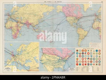 World Europe North America air routes. National Aircraft Markings LARGE 1952 map Stock Photo