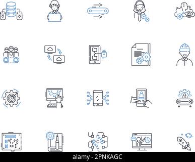 Industrialization line icons collection. Mechanization, Modernization, Urbanization, Automation, Industrialism, Capitalism, Mass production vector and Stock Vector