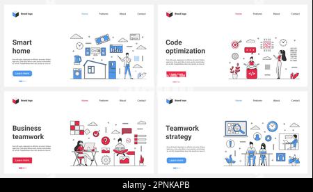 Business strategy and teamwork, code optimization, smart home technology set vector illustration. Cartoon tiny users connect wireless devices to network, work with digital data system on meeting Stock Vector
