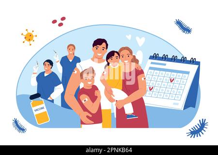 Vaccination flat concept with happy family with immunization calendar on background vector illustration Stock Vector