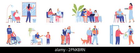 Elderly people help flat icons set with volunteers helping seniors isolated vector illustration Stock Vector