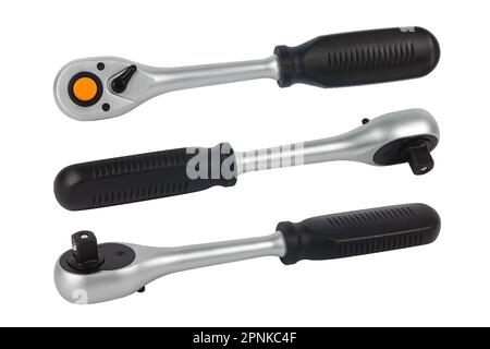 Ratchet socket wrench isolated on a white background. Quick release ratchet handle. Stock Photo