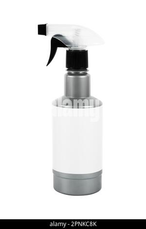 Silver grey spray bottle on white background. Sprayer with a blank white label. Stock Photo