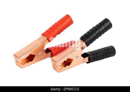 Isolated Red and black wire automotive clips or battery clamps on a white background Stock Photo