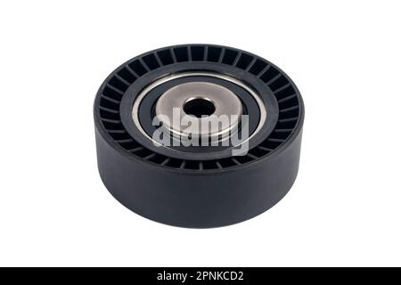 New timing belt tensioner rollers close-up on a white background. Spare parts for car. Stock Photo