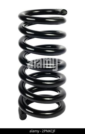Black shock absorber spring for car on a white background. Stock Photo