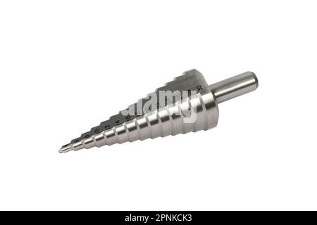 Step drill bit isolated on white background. Step drill bit for drilling holes in metal. Stock Photo