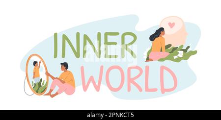 Human inner world composition of ornate text and images of people looking in mirror loving mind vector illustration Stock Vector