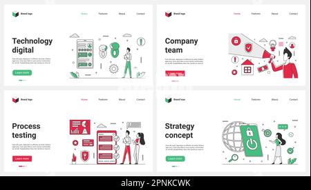 Mobile app testing process, marketing campaign strategy, company digital technology set vector illustration. Cartoon tiny people with megaphone develop project, team of developers coding software Stock Vector