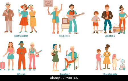 Generations of people flat set with doodle characters of typical human characters from various time periods vector illustration Stock Vector