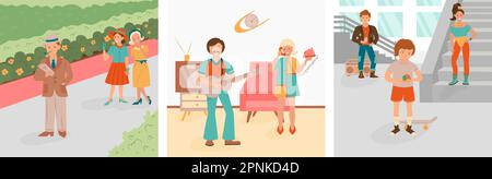 Generations of people set with flat compositions of vintage retro and modern people in casual situations vector illustration Stock Vector
